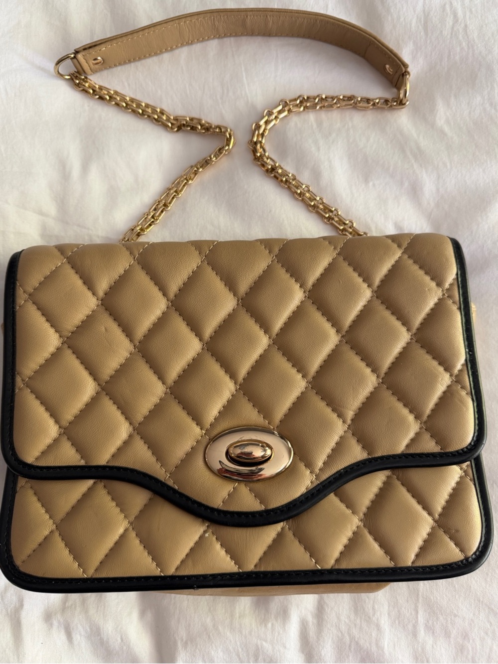 Quilted Tan Crossbody Bag with Gold Chain